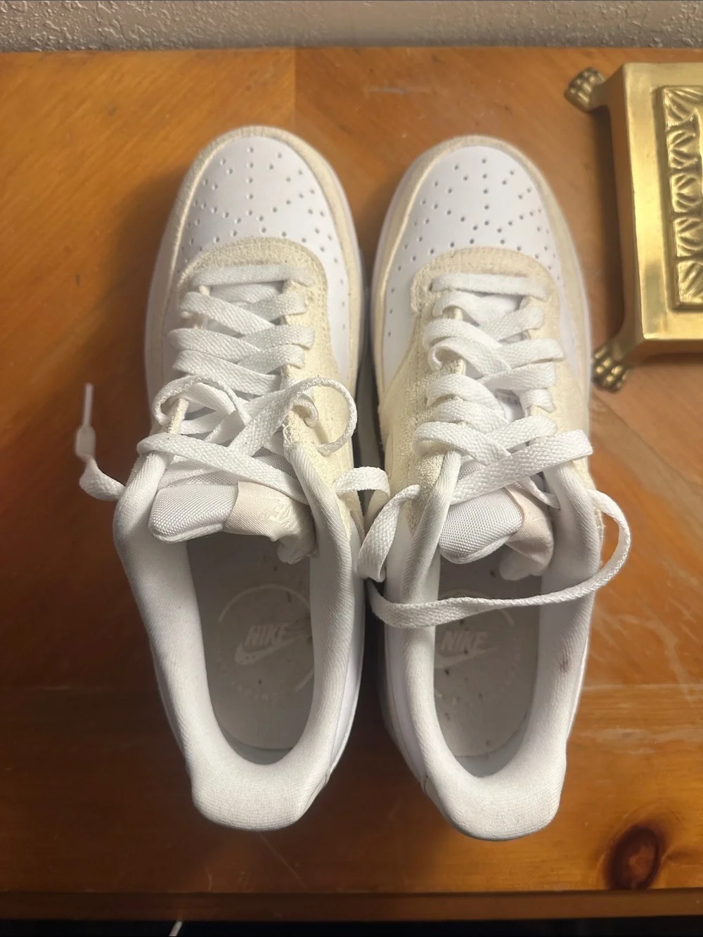 Nike White and Cream Low-Top Sneakers with Suede Accents